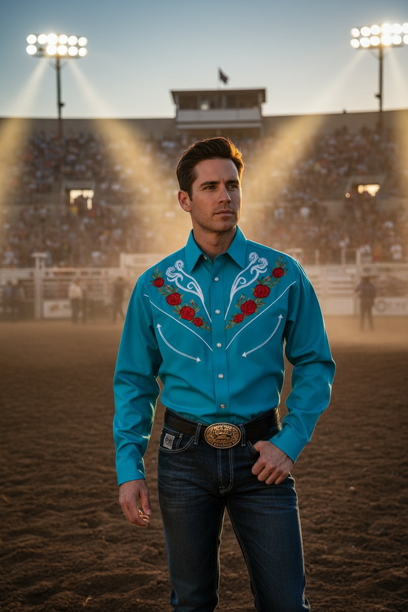 Men's teal long-sleeve polo-collar button shirt with multicolor embroidered yoke and cuffs