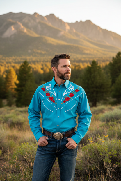 Men's long-sleeve polo-collar button shirt, teal blue with red floral embroidery