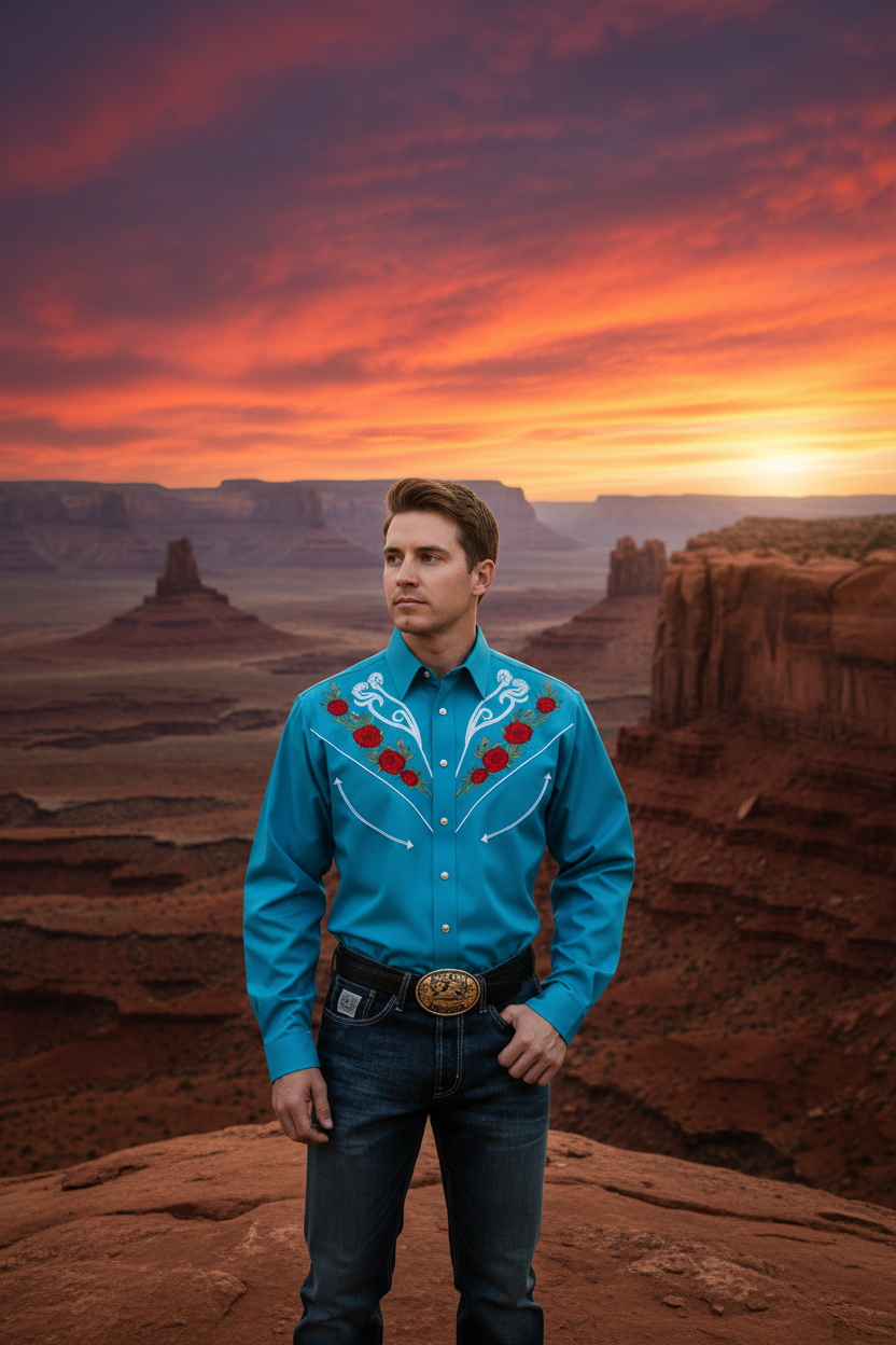 Men's long-sleeve polo collar button shirt, bright blue with red floral embroidery