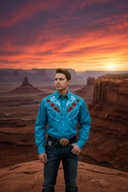 Men's long-sleeve polo collar button shirt, bright blue with red floral embroidery