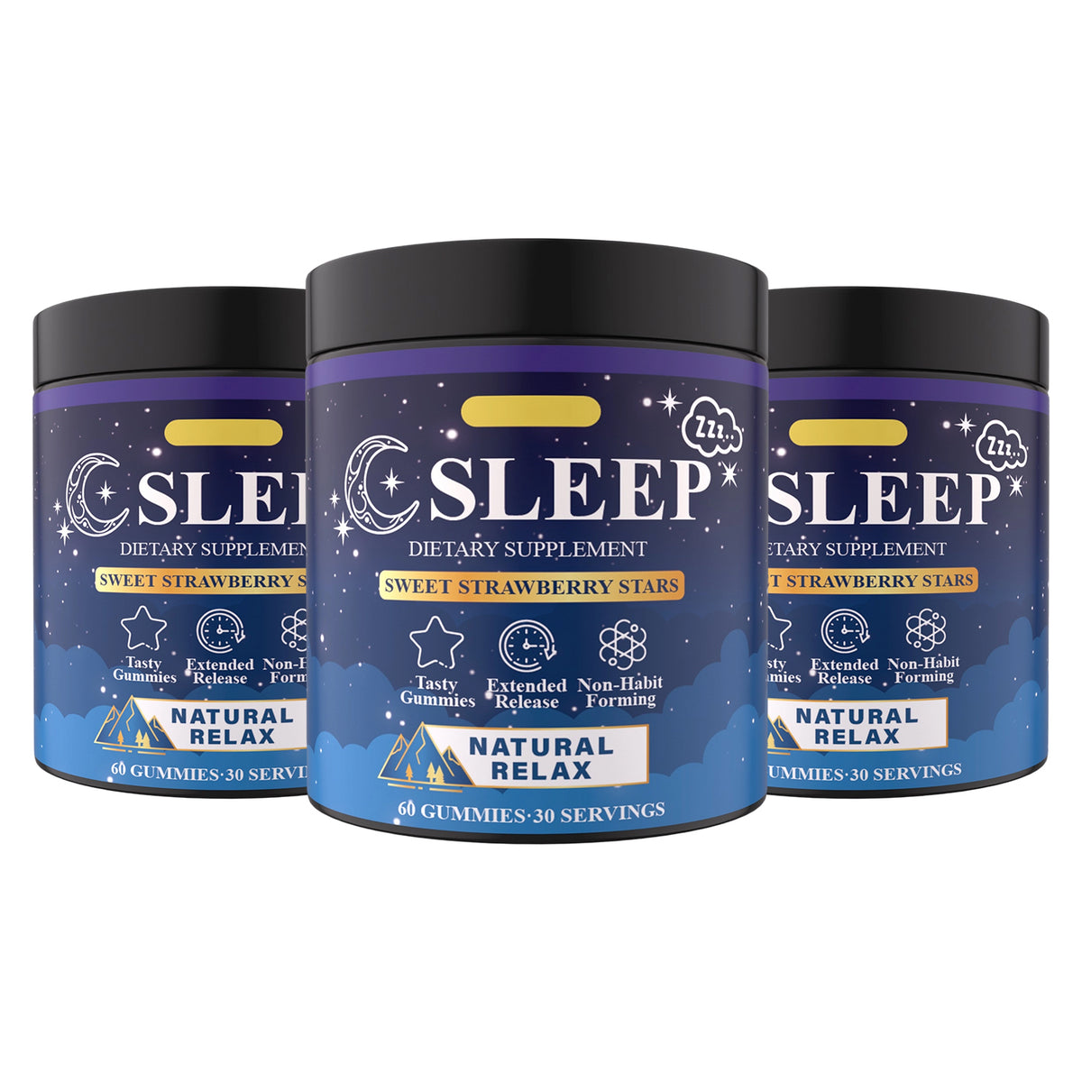 Sleep gummies supplement jars, 3-pack, dark lids with blue starry labels