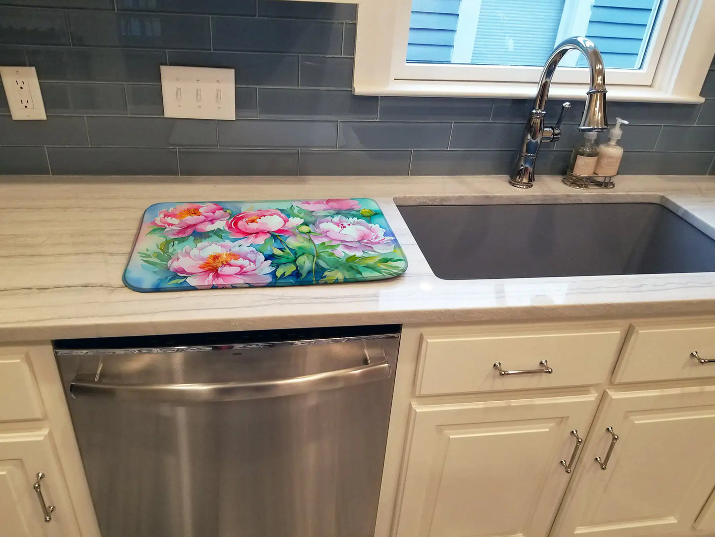 Peonies in Watercolor Dish Drying Mat