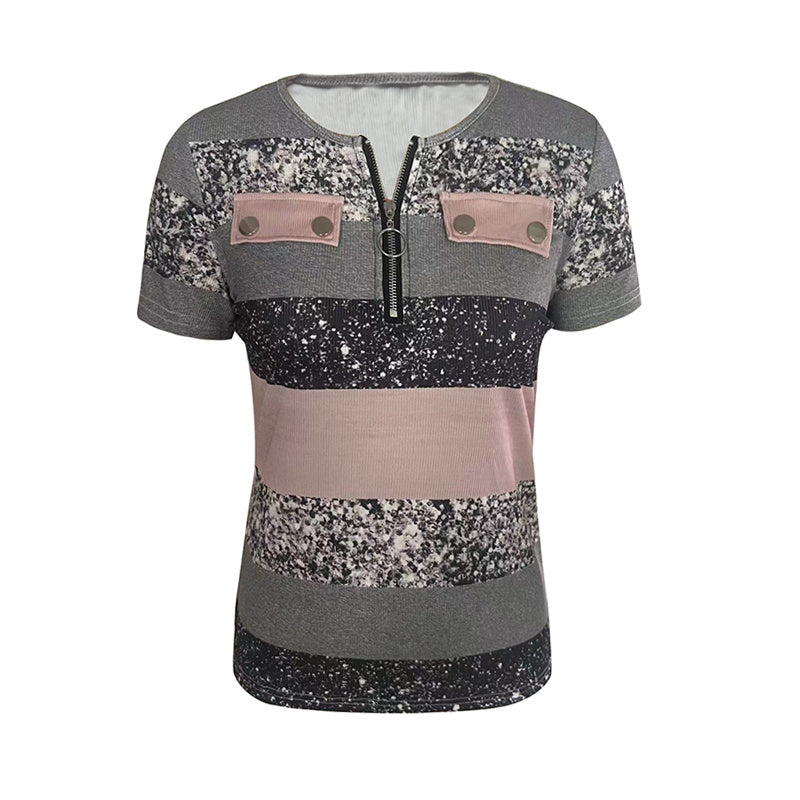 Women's Color Block Zipper T-Shirt, Casual Short Sleeve Summer Top