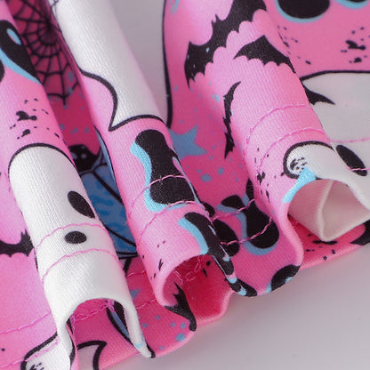 3pcs Toddler Girl's Halloween Skull Ghost Bats Print Stretch Long Sleeve A-line Dresses