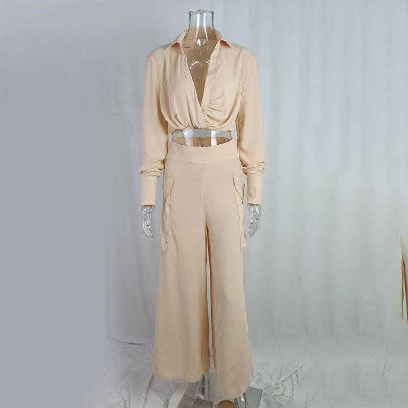 Women's Plus Size Elegant Pant Set - Crisscross Detail Top & Wide Leg Pants With Pockets