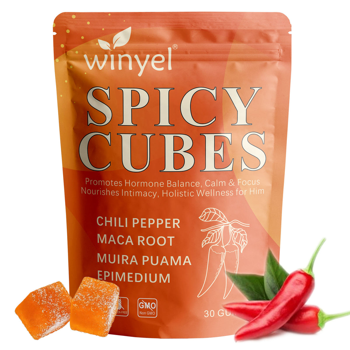 Spicy Cubes supplement pouch with orange gummy cubes and a red chili pepper