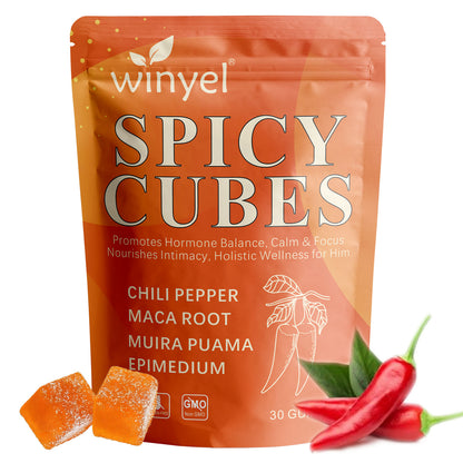 Spicy Cubes supplement pouch with orange gummy cubes and a red chili pepper