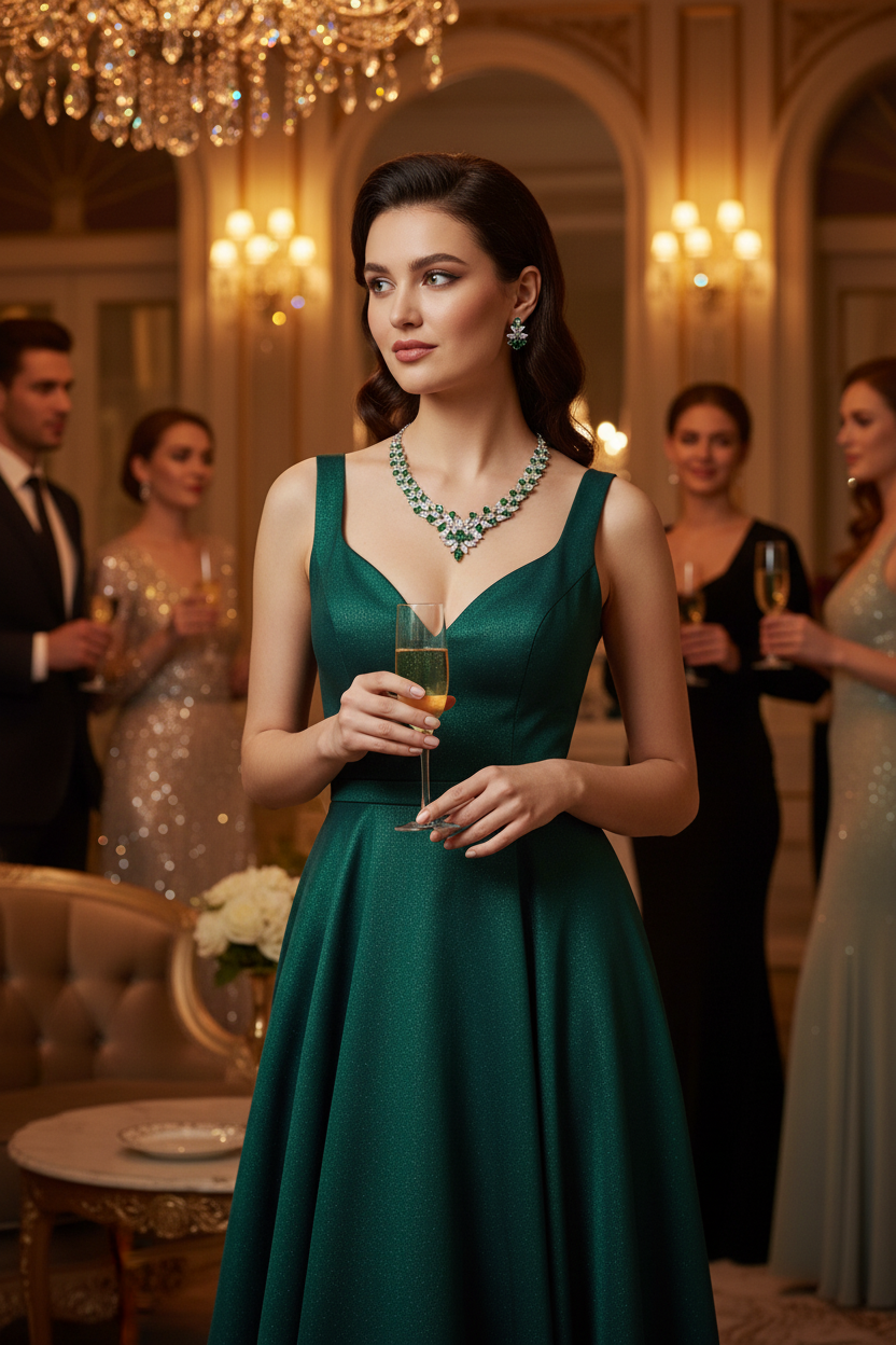 Zircon necklace and earring set with green stones on a green formal dress