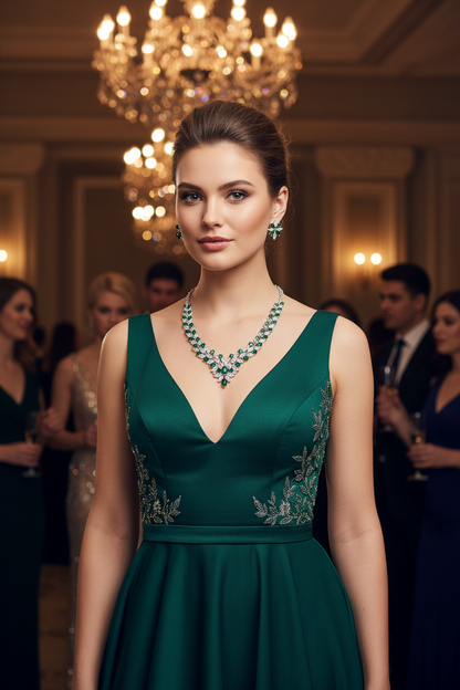 Zircon necklace and earring set with green stones on a deep green gown