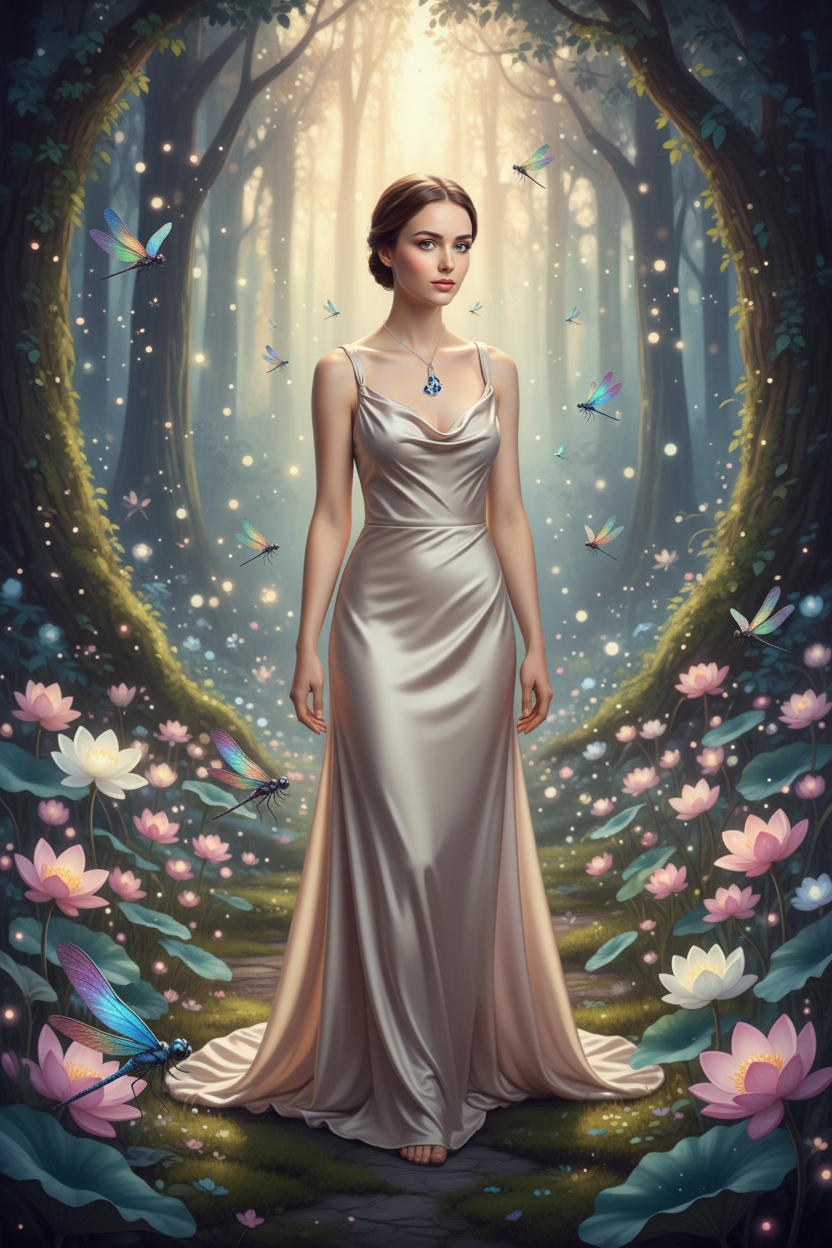 Silver chain necklace with blue crystal dragonfly urn pendant, worn on satin dress