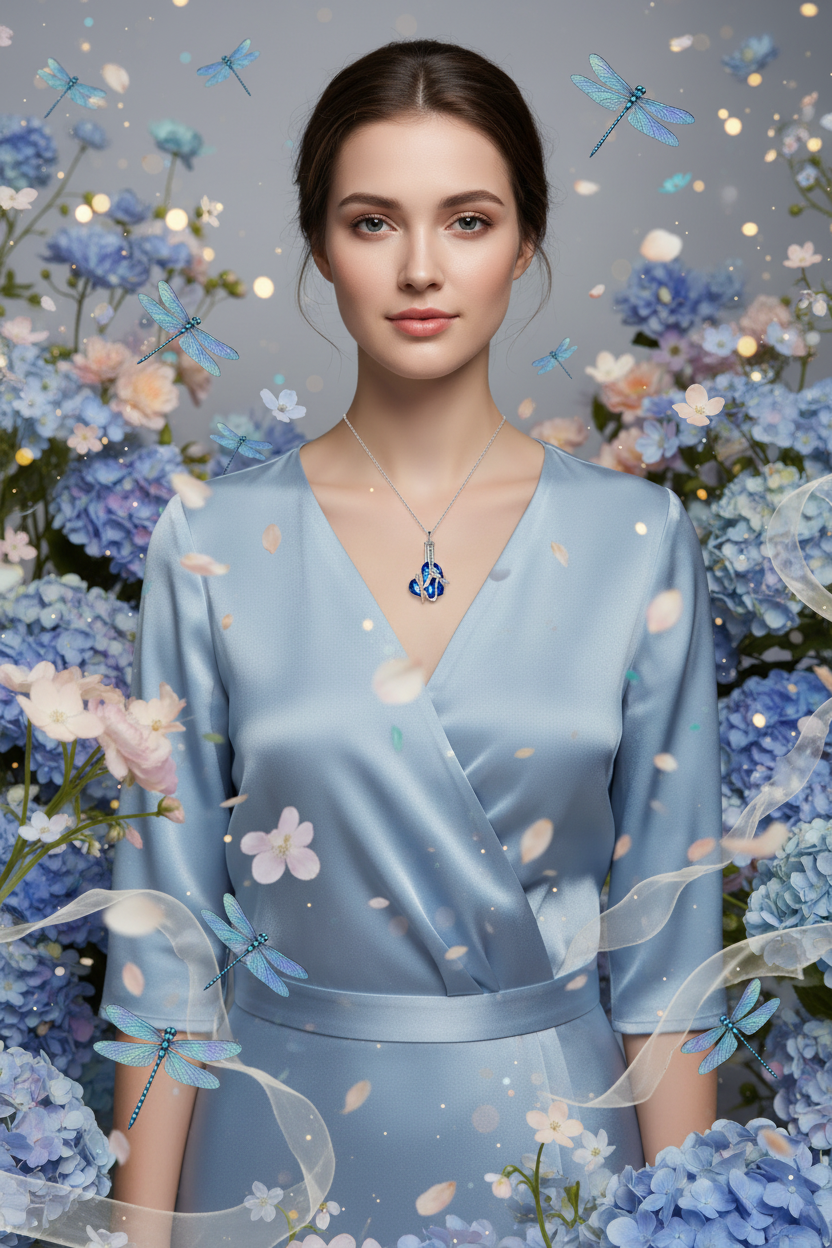 Silver chain necklace with blue crystal dragonfly urn pendant, layered at V-neck