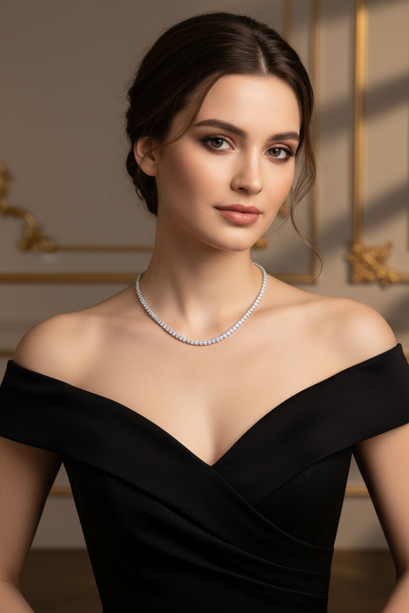 Silver S925 necklace with pavé stones, short curved profile on the neckline