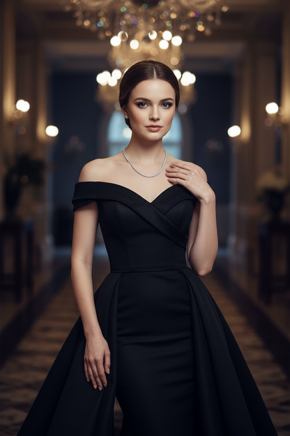 Silver S925 necklace with pavé stones, worn at the neckline of an off-shoulder dress