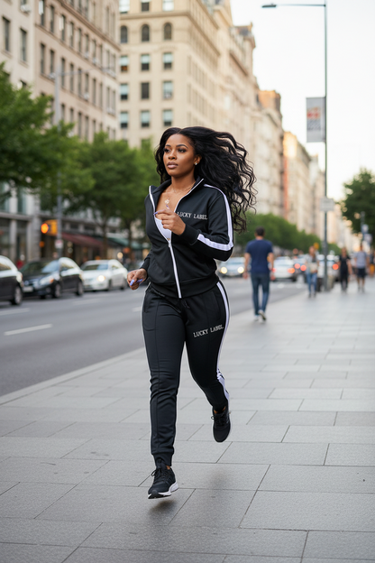 Black zip-up track jacket and joggers with white side stripes and letter embroidery
