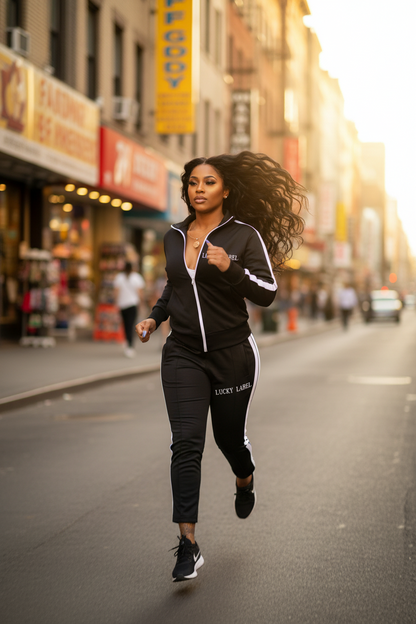 Black zip-up track jacket and joggers with white side stripes and embroidered letter design