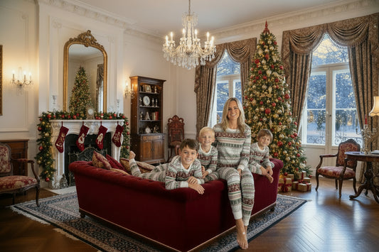Gray Christmas fair-isle family pajama set, long-sleeve tops and matching pants