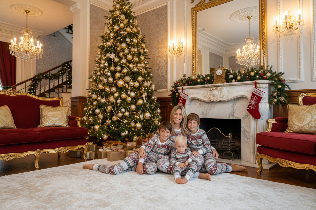 Gray holiday fair isle family pajama set, group wearing long-sleeve matching outfits