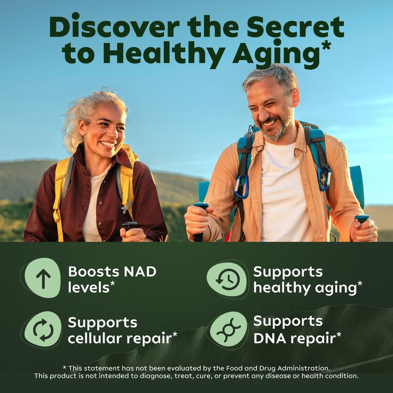 Nicotinamide supplement marketing card with icons and aging support text