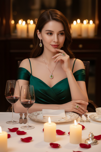 Gold peridot pendant necklace with drop earrings and peridot ring