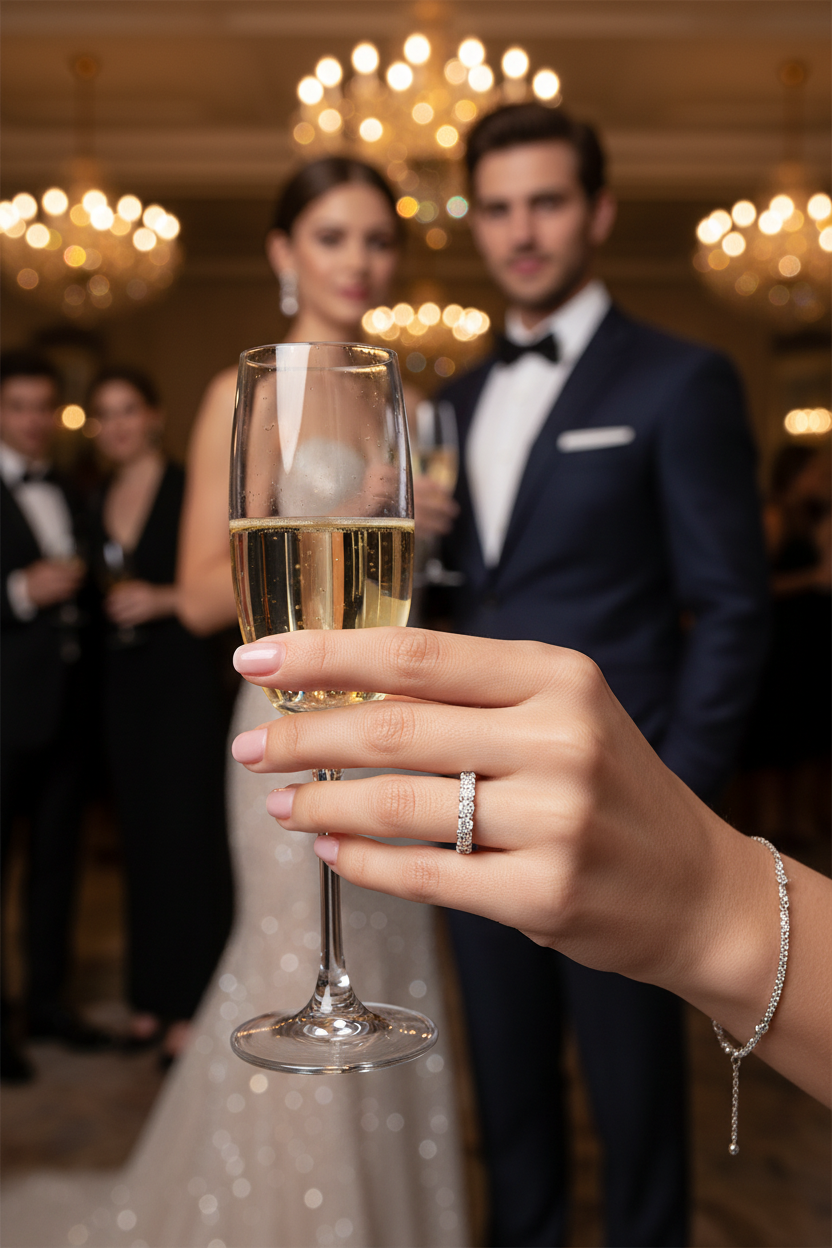 Silver ring with clear stones on finger holding a champagne glass