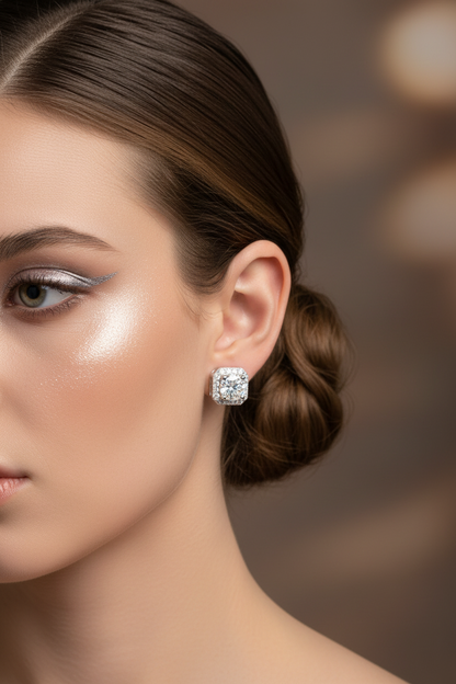 Silver stud earrings with a square halo of sparkling stones and a clear center