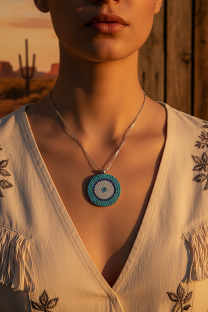 Turquoise beaded circular pendant on sterling silver chain, centered on chest
