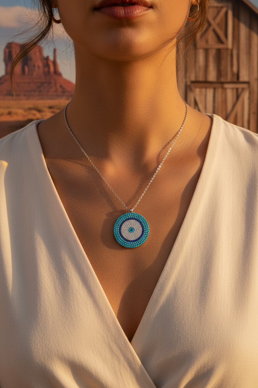 Turquoise evil-eye pendant sweater chain necklace in sterling silver with blue center