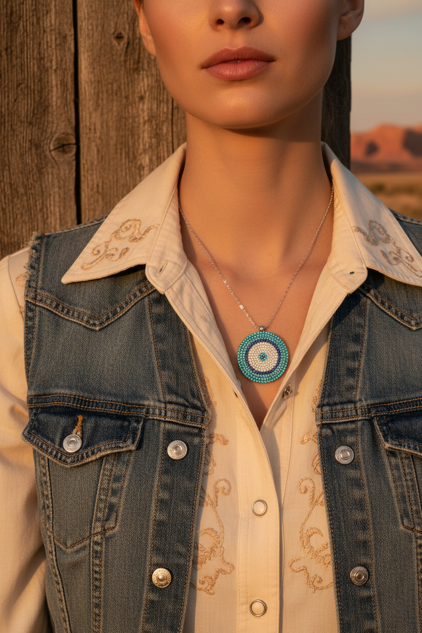 Turquoise beaded circular pendant on sterling silver chain, layered neckline close-up