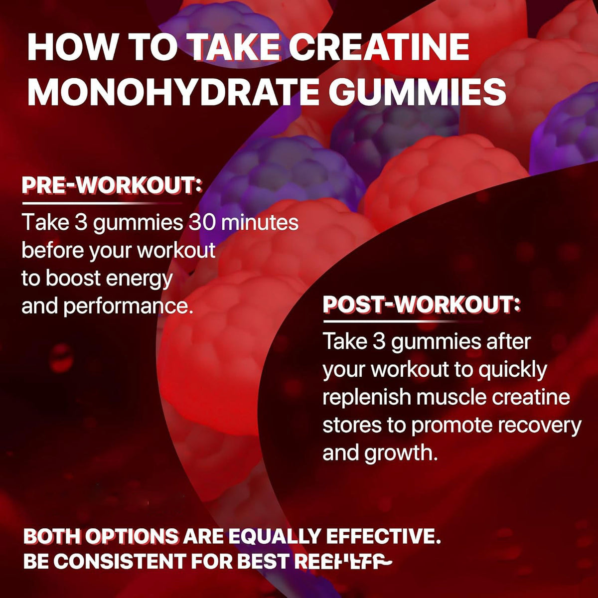 Creatine monohydrate gummies usage infographic with pre- and post-workout directions