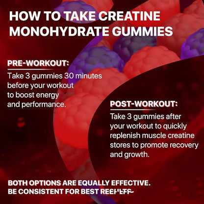 Creatine monohydrate gummies usage infographic with pre- and post-workout directions