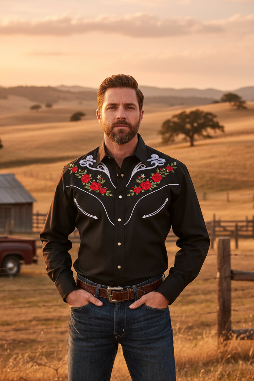 Men's black long-sleeve polo-collar button shirt with red rose floral embroidered accents