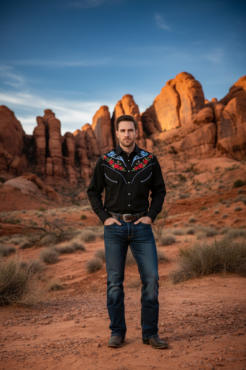 Men's long-sleeve polo-collar button shirt, black with red and blue floral accents