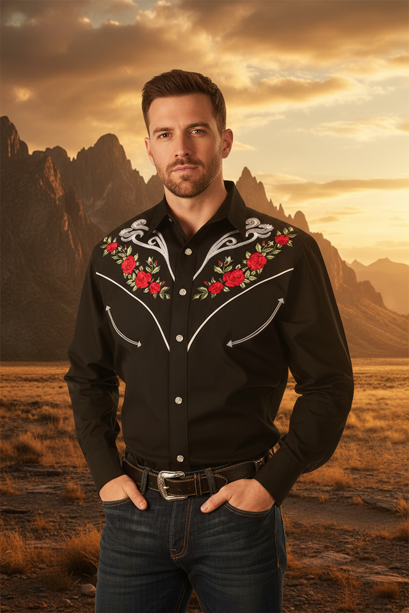 Men's long-sleeve polo-collar button shirt, black with red floral embroidery