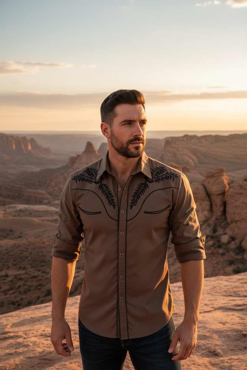 Men's long-sleeve polo collar button shirt, tan with dark embroidered front
