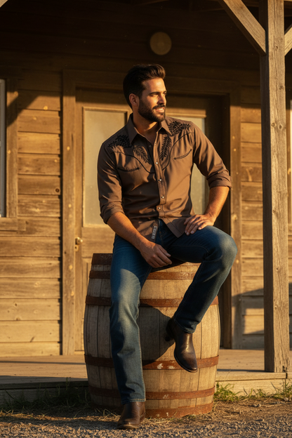 Men's long-sleeve polo-collar button shirt in tan with dark patterned panels