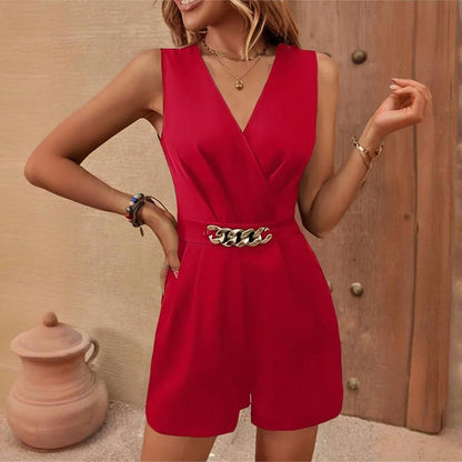 Women's Elegant Sleeveless V-Neck Jumpsuit Solid Color One-Piece With Belt Pockets & Metallic Chain Detail For Casual Wear