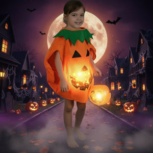 Orange pumpkin lamp wear costume with green star collar and glowing jack-o-lantern mouth