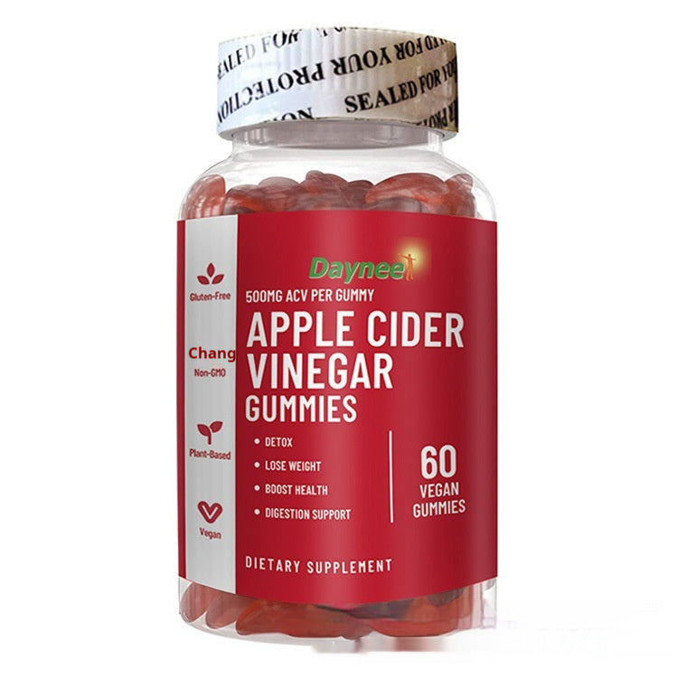 Apple cider vinegar gummies bottle with red gummies in clear plastic container