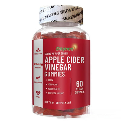 Apple cider vinegar gummies bottle with red gummies in clear plastic container