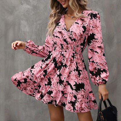 Women's Elegant Printed Lantern Sleeve A-Line, V-Neck, Ruffled Gathered Waist Detail, Flowy Midi Dress For Casual & Formal Occasions