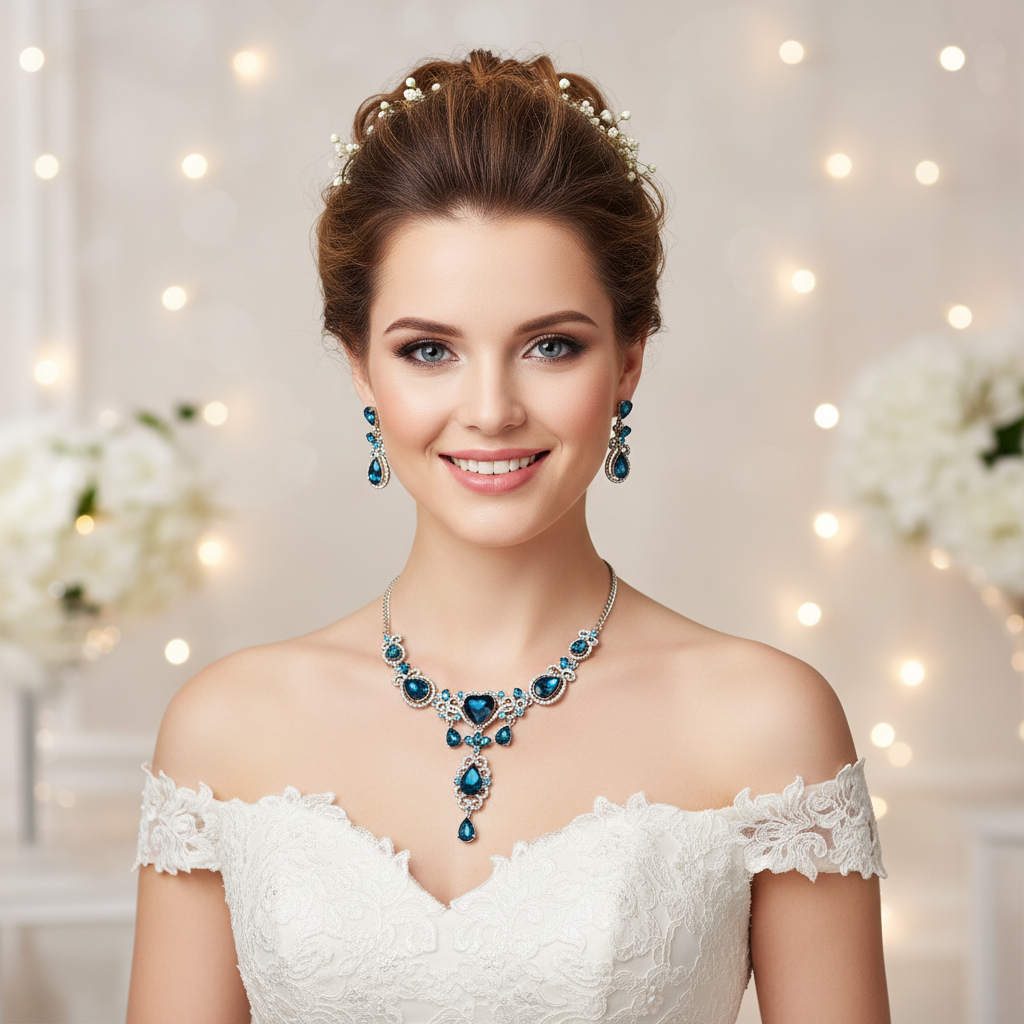 Blue teardrop love necklace with matching drop earrings on bridal neckline