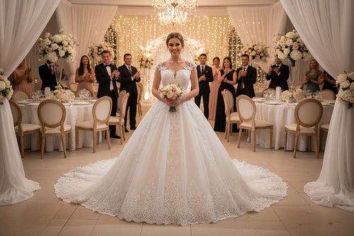White lace wedding dress with illusion neckline and long sheer sleeves, full A-line skirt