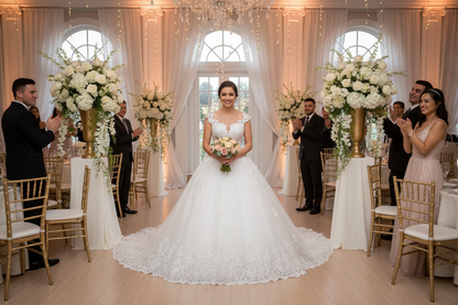White lace wedding dress with lace bodice, full skirt, and illusion neckline