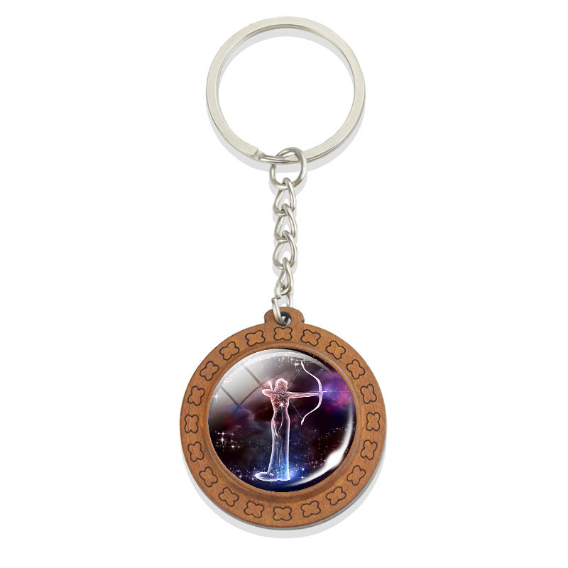 Constellation Keychain Wood Carved Time Gem Pendant
