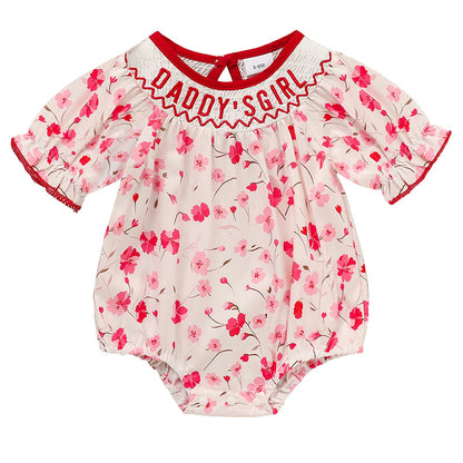 Infant Floral Smocked Romper 'DADDY'S Girl' Embroidery Short Sleeve Crew Neck Adorable Princess Party Bodysuit