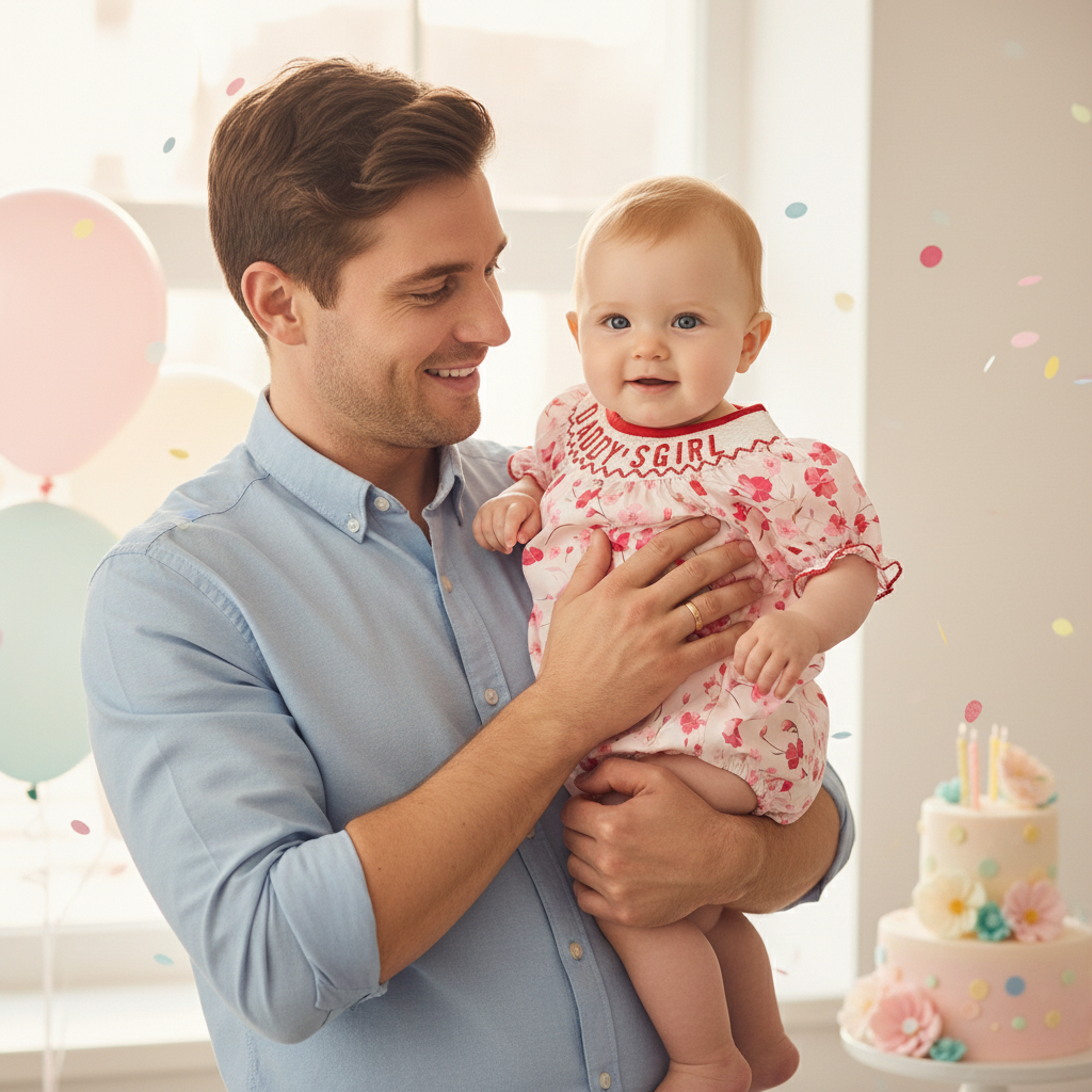 Infant Floral Smocked Romper 'DADDY'S Girl' Embroidery Short Sleeve Crew Neck Adorable Princess Party Bodysuit