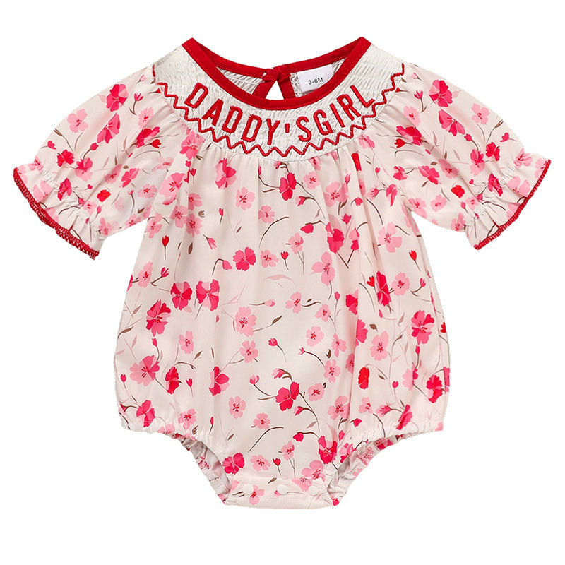 Infant Floral Smocked Romper 'DADDY'S Girl' Embroidery Short Sleeve Crew Neck Adorable Princess Party Bodysuit