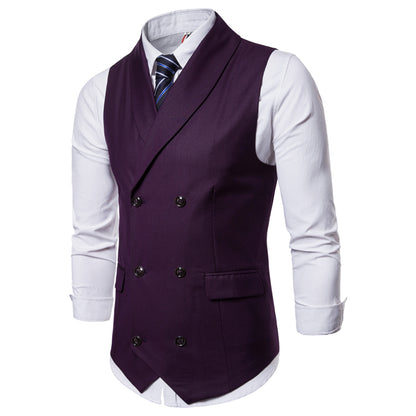 Men's double-breasted slim fit vest, wine red with notched lapels and front button closure