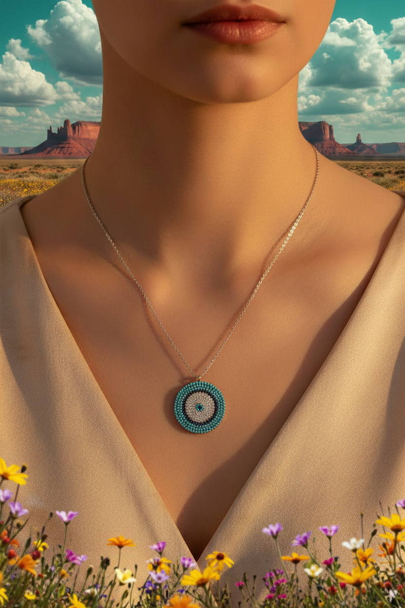 Turquoise beaded circular pendant on sterling silver chain, pendant close view