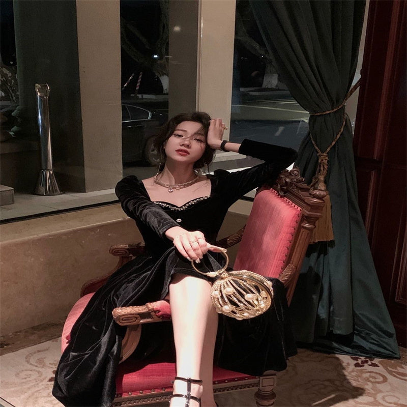 Velvet Dress Slim Fit Slimming French Gold Long Sleeve Dress